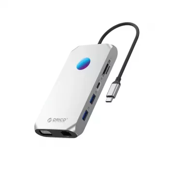 ORICO XCR 12 az 1-ben USB-C dokkoló RGB-vel, 3x USB-A 3.1, 1x USB-A 2.0, 1x USB-C PD 100W, 1x USB-C 3.1, 1x HDMI 1.4 4K 30Hz, 1x VGA 1080p, 1x microSD/SD 3.0, 1x RJ45 Gigabit Ethernet, 1x audio CTIA 3,5mm - ezüst