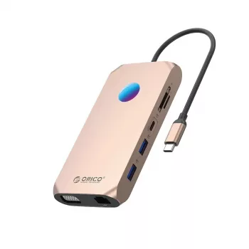ORICO XCR 12w1 RGB USB-C dokkoló, 12 az 1-ben, 3x USB-A 3.1, 1x USB-A 2.0, 1x USB-C PD 100W, 1x USB-C 3.1, 1x HDMI 1.4 4K 30Hz, 1x VGA 1080p, 1x microSD/SD 3.0, 1x RJ45 Gigabit Ethernet, 1x audio CTIA 3,5mm, rózsaarany