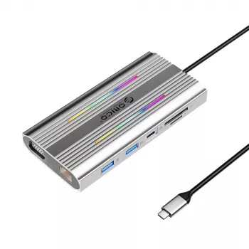 ORICO XDR 12 az 1-ben USB-C dokkoló RGB-vel, 2x HDMI 4K 60Hz, VGA, RJ45 Gigabit, SD/microSD kártyaolvasó, 100W PD, szürke