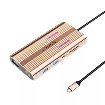 ORICO XDR 12 az 1-ben USB-C dokkoló RGB, 2x USB-A, 1x USB-C PD 100W, 2x HDMI 4K 60Hz, VGA, RJ45 Gigabit, SD és microSD kártyaolvasó - rózsaarany