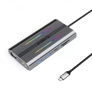 ORICO XCR 12 az 1-ben USB-C dokkoló RGB-vel, 3x USB-A, USB-C PD 100W, HDMI 4K, VGA, RJ45 Gigabit, SD/microSD kártyaolvasó - szürke