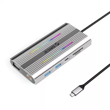 ORICO XCR 12 az 1-ben USB-C dokkoló RGB-vel, 3x USB-A, USB-C PD 100W, HDMI 4K, VGA, RJ45 Gigabit, SD/microSD kártyaolvasó - ezüst