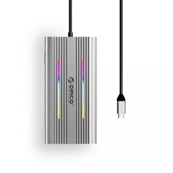 ORICO XCR 12 az 1-ben USB-C dokkoló RGB-vel, 3x USB-A, USB-C PD 100W, HDMI 4K, VGA, RJ45 Gigabit, SD/microSD kártyaolvasó - ezüst