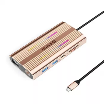 ORICO XDR 12 az 1-ben USB-C dokkoló RGB, 3x USB-A, USB-C PD 100W, HDMI 4K, VGA, RJ45 Gigabit, SD/microSD kártyaolvasó - rózsaarany