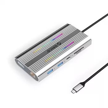 ORICO XDR 12 az 1-ben USB-C dokkoló RGB-vel, 2x HDMI 4K 60Hz, DisplayPort 4K 60Hz, RJ45 Gigabit, PD 100W, SD/microSD kártyaolvasó - ezüst