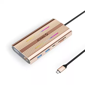 ORICO XDR 12 az 1-ben USB-C dokkoló RGB-vel, 2x HDMI 4K 60Hz, DisplayPort 4K 60Hz, Gigabit Ethernet, 100W PD, SD/microSD kártyaolvasó - rózsaarany