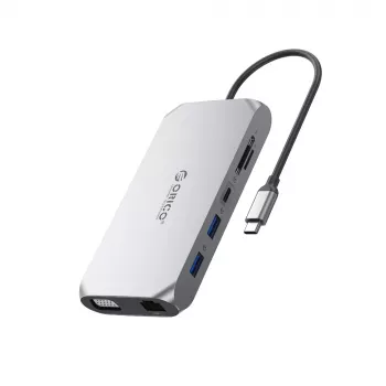 ORICO XCR 12 az 1-ben USB-C dokkoló 3x USB-A 3.1, 1x USB-A 2.0, 1x USB-C PD 100W, 1x USB-C 3.1, 1x HDMI 1.4 4K@30Hz, 1x VGA 1080p, 1x SD 3.0, 1x microSD 3.0, 1x RJ45 Gigabit Ethernet, 1x audio CTIA 3,5mm - szürke