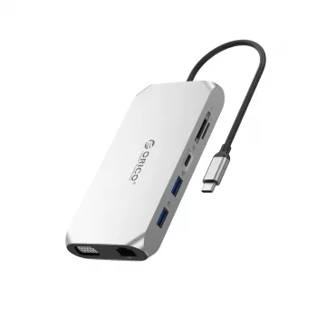ORICO XCR 12 az 1-ben USB-C dokkoló, 3x USB-A 3.1, 1x USB-A 2.0, 1x USB-C PD 100W, 1x USB-C 3.1, 1x HDMI 1.4 4K 30Hz, 1x VGA 1080p, SD/microSD 3.0, RJ45 Gigabit, 3,5mm audio, ezüst