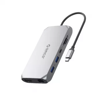 ORICO XCR 12 az 1-ben USB-C dokkoló 2x USB-A 3.1 1x USB-A 2.0 1x USB-C PD 100W 1x USB-C 3.1 2x HDMI 2.0 4K 60Hz 1x DisplayPort 1.4 4K 60Hz 1x SD 3.0 1x microSD 3.0 1x RJ45 Gigabit Ethernet 1x audio CTIA 3,5mm - szürke
