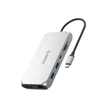 ORICO XCR 12 az 1-ben USB-C dokkoló, 2x USB-A 3.1, 1x USB-A 2.0, 1x USB-C PD 100W, 1x USB-C 3.1, 2x HDMI 2.0 4K 60Hz, 1x DisplayPort 1.4 4K 60Hz, SD/microSD 3.0, RJ45 Gigabit Ethernet, 3,5mm audio CTIA, ezüst