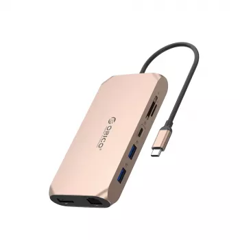 ORICO XCR 12 az 1-ben USB-C dokkoló, 2x USB-A 3.1, 1x USB-A 2.0, 1x USB-C PD 100W, 1x USB-C 3.1, 2x HDMI 2.0 4K 60Hz, 1x DisplayPort 1.4 4K 60Hz, SD/microSD 3.0, RJ45 Gigabit Ethernet, 3,5mm audio, rózsaarany