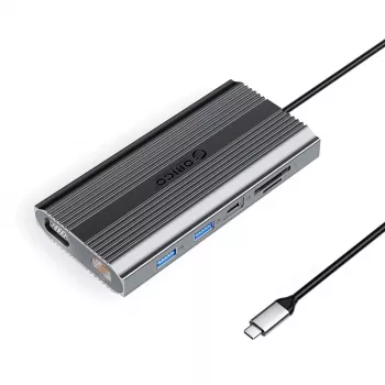 ORICO XDR 12 az 1-ben USB-C dokkoló USB-A, USB-C PD 100W, HDMI 4K, VGA, RJ45 Gigabit, SD és microSD kártyaolvasó - szürke