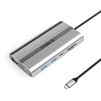 ORICO XDR 12 az 1-ben USB-C dokkoló 4K HDMI, VGA, Gigabit Ethernet, 100W PD, SD/microSD kártyaolvasó - ezüst