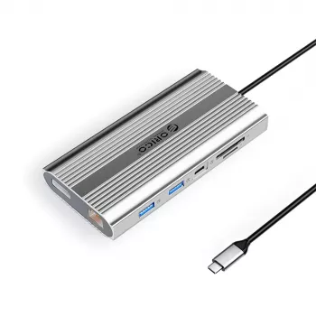 ORICO XDR 12 az 1-ben USB-C dokkoló, 2x HDMI 4K 60Hz, DisplayPort 4K 60Hz, RJ45 Gigabit, PD 100W, SD/microSD kártyaolvasó, ezüst