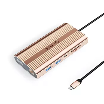 ORICO XDR 12 az 1-ben USB-C dokkoló 2x HDMI 4K 60Hz, DisplayPort 4K 60Hz, Gigabit Ethernet, 100W PD, SD/microSD kártyaolvasó - rózsaarany