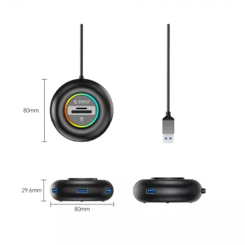 ORICO YXR4 RGB 4 portos USB-A 3.0 hub SD és microSD kártyaolvasóval, 1,8 m kábel, fekete
