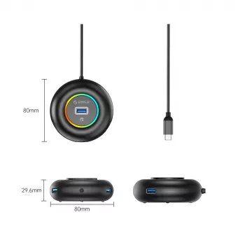 ORICO YXR4-C3 RGB 4 portos USB-A 3.0 hub audio/mikrofon csatlakozóval, 1,8 m kábel - fekete