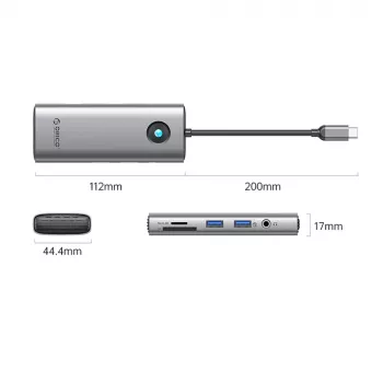 ORICO PW11 USB-C dokkoló 8 az 1-ben, 2x USB-A 3.0, 1x USB-C PD 100W, 1x HDMI 4K 60Hz, 1x microSD/SD, 1x RJ45 Gigabit Ethernet, 1x audio 3,5mm, szürke