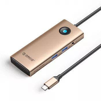 ORICO PW11 USB-C 8 az 1-ben dokkoló, 2x USB-A 3.0, 1x USB-C PD 100W, 1x HDMI 4K 60Hz, 1x microSD/SD, 1x RJ45 Gigabit Ethernet, 1x audio 3,5mm, rózsaarany