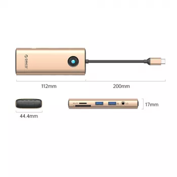 ORICO PW11 USB-C 8 az 1-ben dokkoló, 2x USB-A 3.0, 1x USB-C PD 100W, 1x HDMI 4K 60Hz, 1x microSD/SD, 1x RJ45 Gigabit Ethernet, 1x audio 3,5mm, rózsaarany