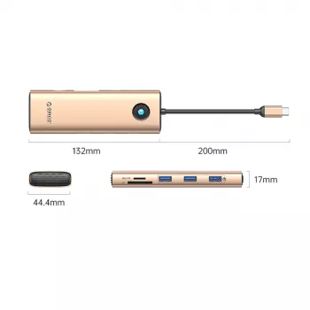 ORICO PW11 USB-C dokkoló 9 az 1-ben, 3x USB-A 3.0, 1x USB-C PD 100W, 1x HDMI 4K 60Hz, 1x VGA 1080P 60Hz, 1x microSD/SD, 1x RJ45 Gigabit Ethernet - rózsaarany