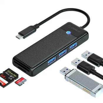 ORICO PAPW3AT-U3 4 portos USB 3.0 hub SD/MicroSD-kártyaolvasóval, 1,8 m kábel, fekete