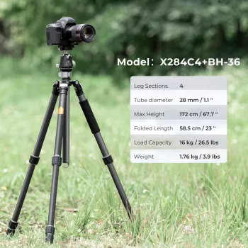 K&F Concept X284C4 karbonszálas állvány BH-36 gömbfejjel, 172 cm / 67,7 inch, 16 kg / 35,3 lbs terhelés, egylábú állvány, 4 szekciós csavarzár, Arca-Swiss kompatibilis