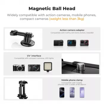 KF 3D gömbcsuklós mágneses állványtartó GoPro okostelefon kamerához 1/4 inch menettel KF31.156 fekete