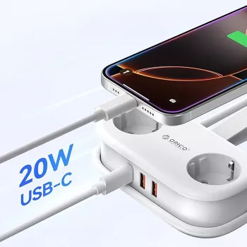 ORICO AP3 20W GaN elosztó 5 az 1-ben 2x AC + 2x USB-A + 1x USB-C - fehér