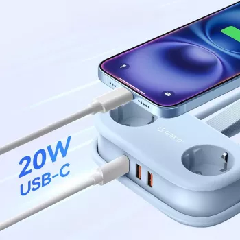 ORICO AP3 20W GaN elosztó 5 az 1-ben, 2x AC + 2x USB-A + 1x USB-C, kék