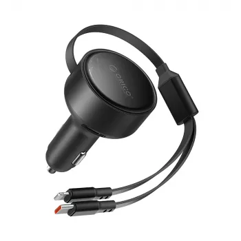 ORICO Dual Stretch 60W USB-C autós töltő két behúzható kábellel, USB-C + Lightning - fekete