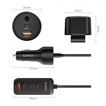 ORICO ChargeClip 108W autós töltő csipesszel, 2x USB-A + 4x USB-C, fekete
