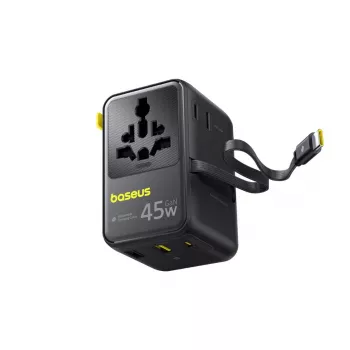 Baseus PicoGo AG11 45W 6 az 1-ben univerzális utazási adapter visszahúzható USB-C kábellel - fekete