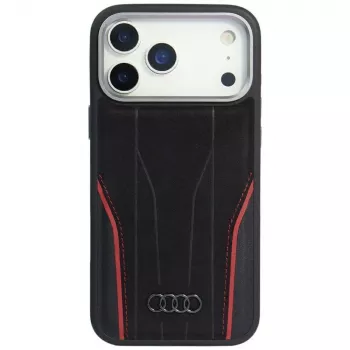 Audi R8 eredeti bőr MagSafe tok iPhone 15 Pro készülékhez fekete piros díszítéssel