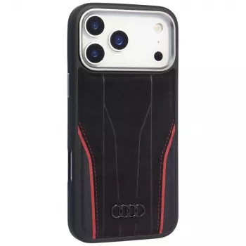 Audi R8 eredeti bőr MagSafe tok iPhone 15 Pro készülékhez fekete piros díszítéssel