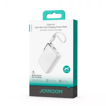 Joyroom JR-PBF27 Pro power bank 10000mAh 30W beépített USB-C kábellel és további kétirányú USB-C–Lightning kábellel – fehér