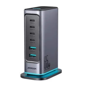 Joyroom JR-TCM02 GaN 65W többportos töltő 4x USB-C 2x USB-A EU dugó sötétszürke