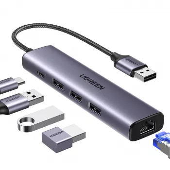 UGREEN 5 az 1-ben USB-A hub 3x USB 3.0 + RJ45 + USB-C (ezüst)