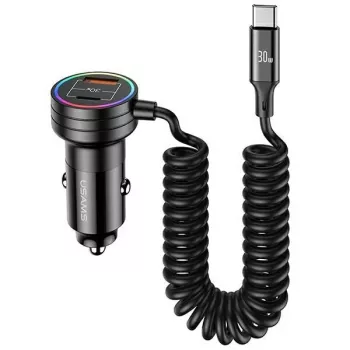 USAMS autós töltő 60W 2xUSB-C 1xUSB-A spirálkábellel gyorstöltés PD QC fekete CC167CC01