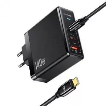 USAMS T52PD140W 140W GaN Wall Charger with 240W USB-C Cable, 2xUSB-C + 1xUSB-A, PD Fast Charging, Black (US-CC168 + US-SJ581) UM Series UMXLOGTC01