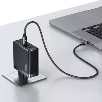 USAMS T52PD140W 140W GaN Wall Charger with 240W USB-C Cable, 2xUSB-C + 1xUSB-A, PD Fast Charging, Black (US-CC168 + US-SJ581) UM Series UMXLOGTC01