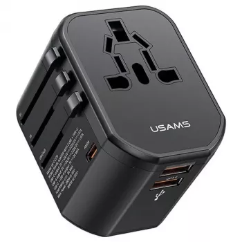 USAMS T59 20W univerzális utazótöltő 2 USB-A és 1 USB-C csatlakozóval, fekete, cserélhető dugók US/AU/EU/UK