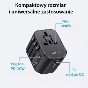 USAMS T59 20W univerzális utazótöltő 2 USB-A és 1 USB-C csatlakozóval, fekete, cserélhető dugók US/AU/EU/UK