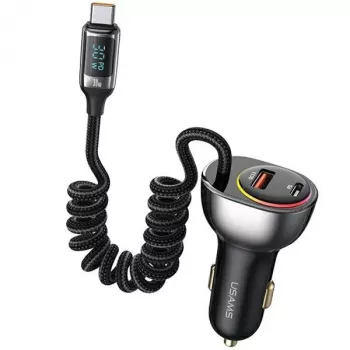 USAMS C37 autós töltő 1xUSB-A + 1xUSB-C 60W USB-C - USB-C kábellel 30W PD+QC gyorstöltés fekete CC192CC01 (US-CC192)