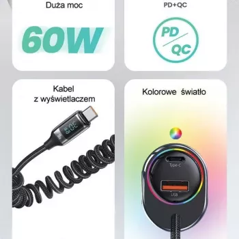 USAMS C37 autós töltő 1xUSB-A + 1xUSB-C 60W USB-C - USB-C kábellel 30W PD+QC gyorstöltés fekete CC192CC01 (US-CC192)