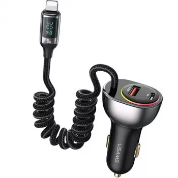 USAMS C37 autós töltő 60W 1xUSB-A + 1xUSB-C PD+QC gyorstöltés Lightning kábellel 30W fekete CC193CC01 (US-CC193)