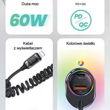 USAMS C37 autós töltő 60W 1xUSB-A + 1xUSB-C PD+QC gyorstöltés Lightning kábellel 30W fekete CC193CC01 (US-CC193)