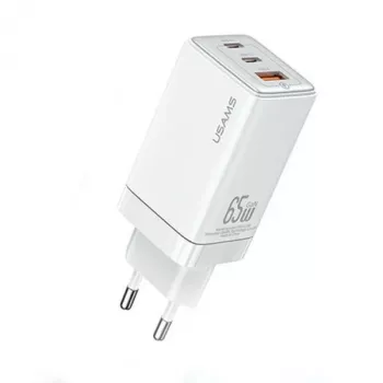 USAMS Sandru sorozat CC180TC02 GaN 65W USB-C töltő (fehér) - 2xUSB-C + 1xUSB-A, PD3.0 és QC3.0 gyorstöltés, EU dugó