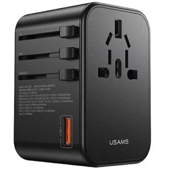USAMS univerzális utazótöltő 65W 1xUSB-A + 2xUSB-C T62 cserélhető dugókkal US/AU/EU/UK fekete CC199TC01 (US-CC199)