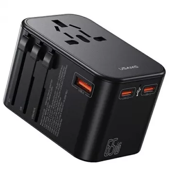 USAMS univerzális utazótöltő 65W 1xUSB-A + 2xUSB-C T62 cserélhető dugókkal US/AU/EU/UK fekete CC199TC01 (US-CC199)